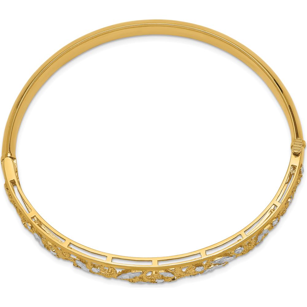 14K Yellow Gold Diamond-Cut Filigree Graduated Hinged Oval Bangle Bracelet with White Rhodium Accents by Oro Pregiato