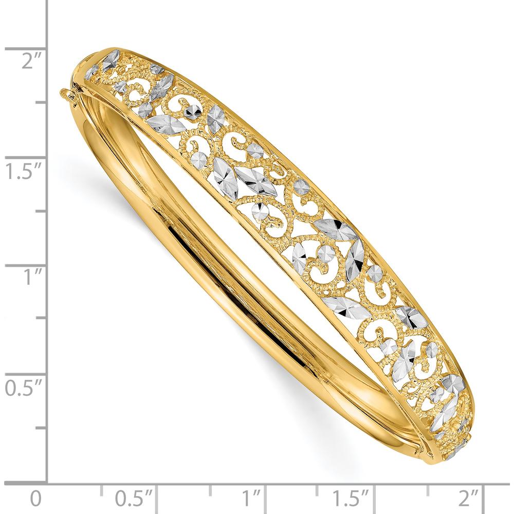 14K Yellow Gold Diamond-Cut Filigree Graduated Hinged Oval Bangle Bracelet with White Rhodium Accents by Oro Pregiato