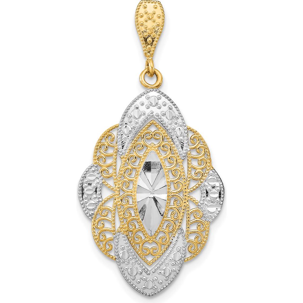 14K Yellow Gold Diamond-Cut Filigree Oval Charm with Rhodium Accents by Oro Pregiato