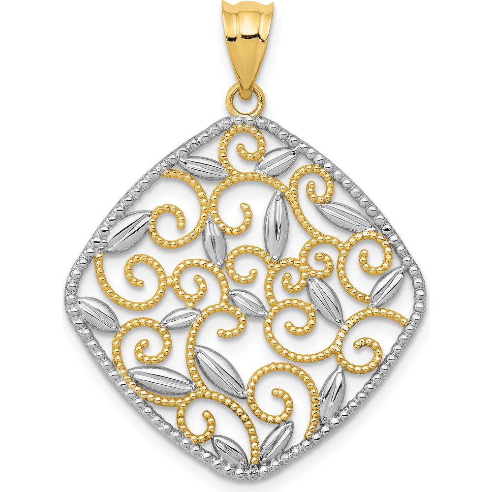 14K Yellow Gold Diamond-Cut Filigree Swirl Pendant with Rhodium Accents - Elegant Fine Jewelry by Oro Pregiato