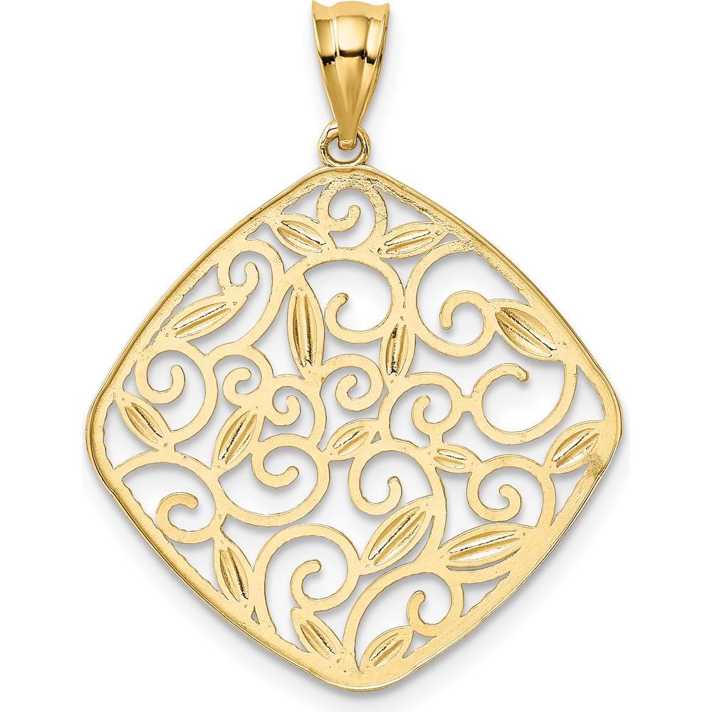 14K Yellow Gold Diamond-Cut Filigree Swirl Pendant with Rhodium Accents - Elegant Fine Jewelry by Oro Pregiato