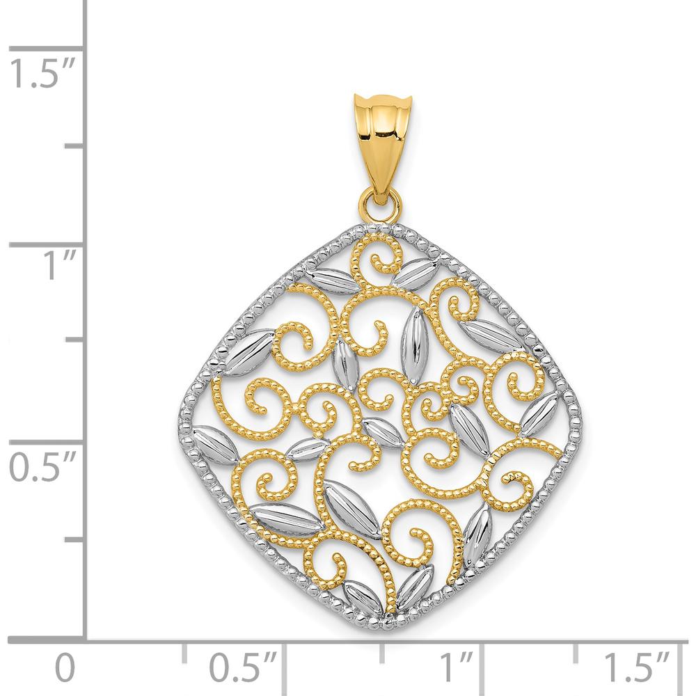 14K Yellow Gold Diamond-Cut Filigree Swirl Pendant with Rhodium Accents - Elegant Fine Jewelry by Oro Pregiato