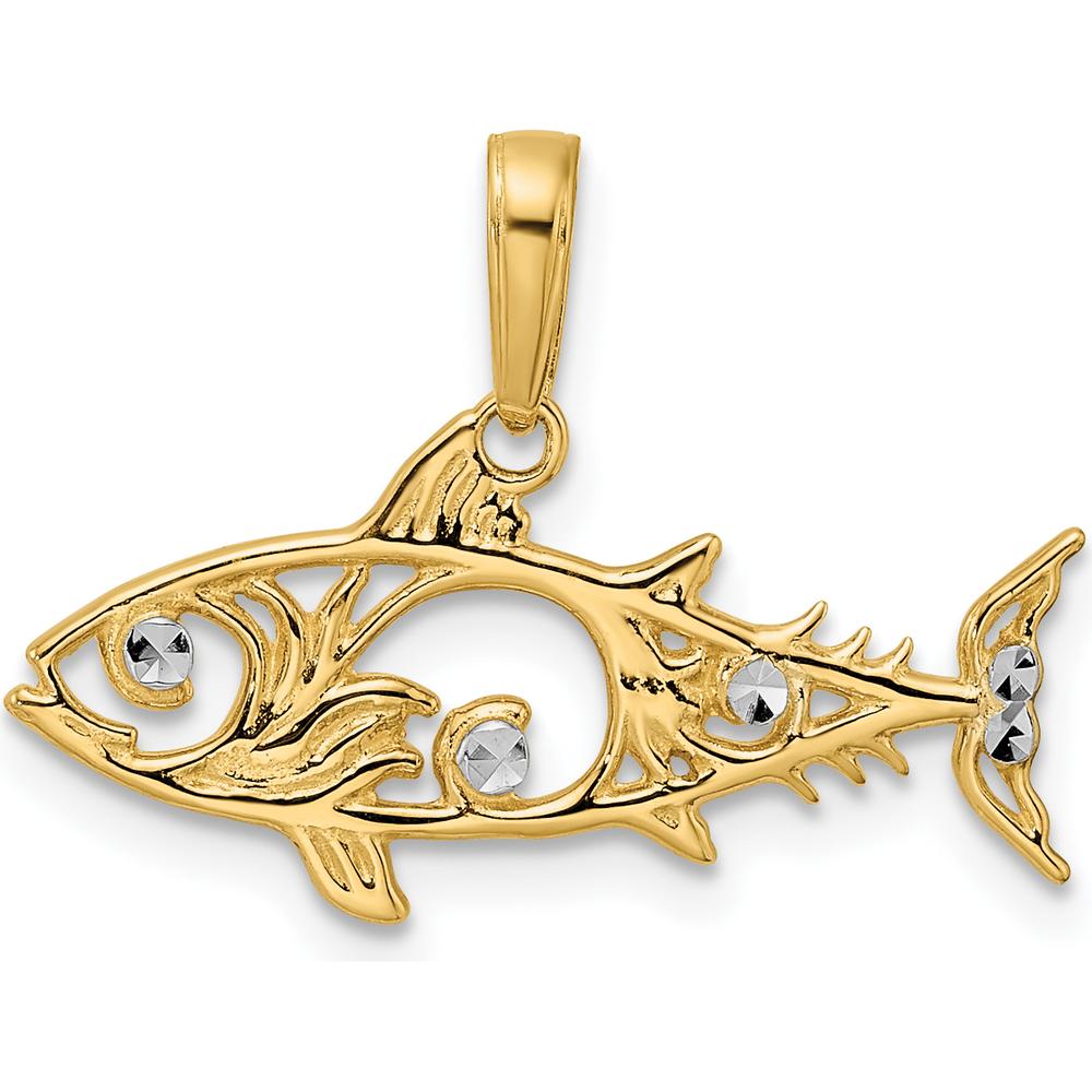 14K Yellow Gold Diamond-Cut Fish Pendant with White Rhodium Accents - Polished Finish, 23mm Width by Oro Pregiato