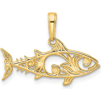 14K Yellow Gold Diamond-Cut Fish Pendant with White Rhodium Accents - Polished Finish, 23mm Width by Oro Pregiato