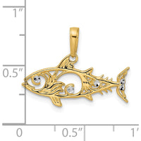 14K Yellow Gold Diamond-Cut Fish Pendant with White Rhodium Accents - Polished Finish, 23mm Width by Oro Pregiato