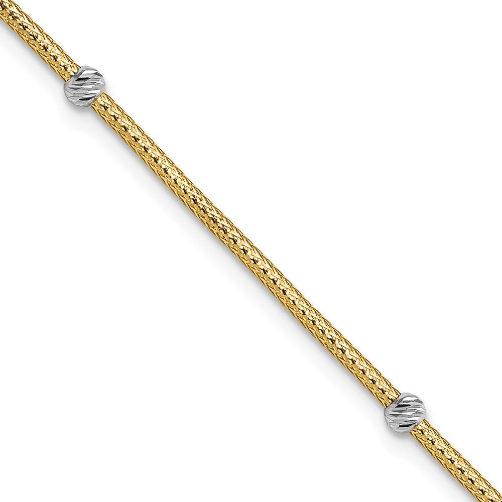 14K Yellow Gold Diamond-Cut Flexible Bracelet with Moveable White Rhodium Beads - 7.25" by 0