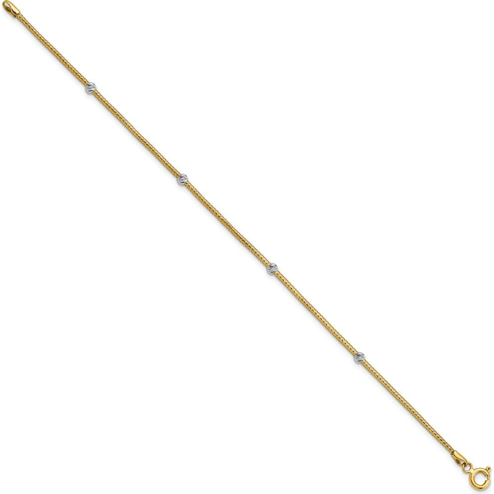 14K Yellow Gold Diamond-Cut Flexible Bracelet with Moveable White Rhodium Beads - 7.25" by 0