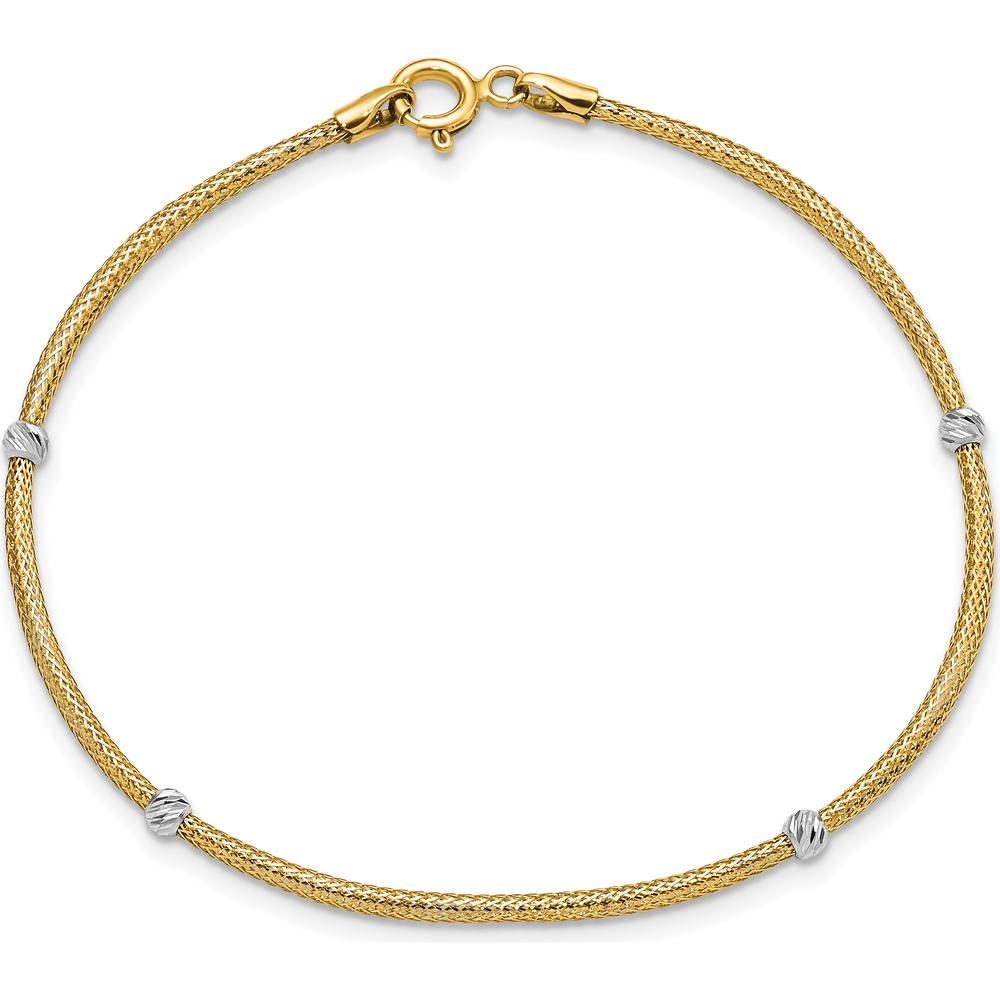 14K Yellow Gold Diamond-Cut Flexible Bracelet with Moveable White Rhodium Beads - 7.25" by 0
