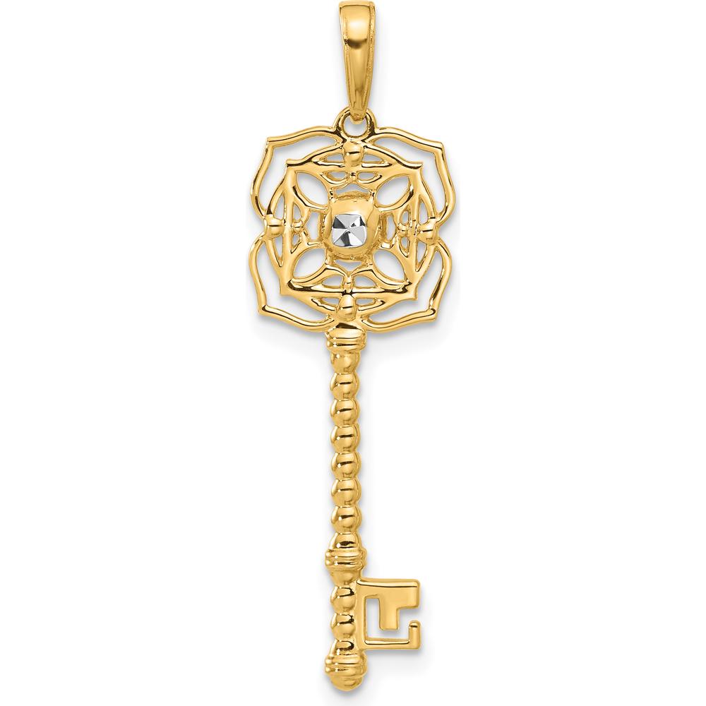 14K Yellow Gold Diamond-Cut Floral Key Pendant with White Rhodium Accents by Oro Pregiato