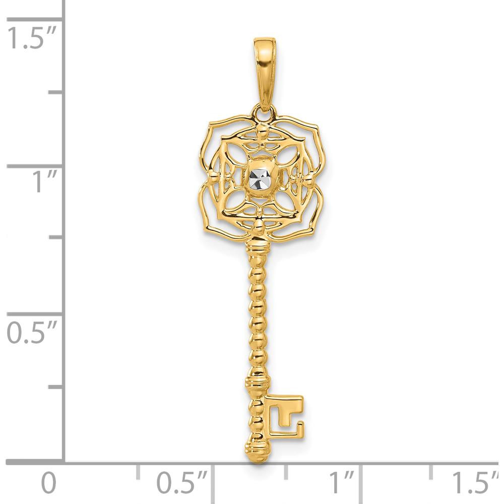 14K Yellow Gold Diamond-Cut Floral Key Pendant with White Rhodium Accents by Oro Pregiato