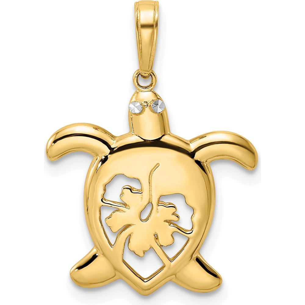 14K Yellow Gold Diamond-Cut Floral Turtle Pendant with Rhodium Accents by Oro Pregiato