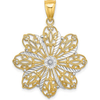 14K Yellow Gold Diamond-Cut Flower Pendant with Rhodium Accents - 32.5mm Length by Oro Pregiato