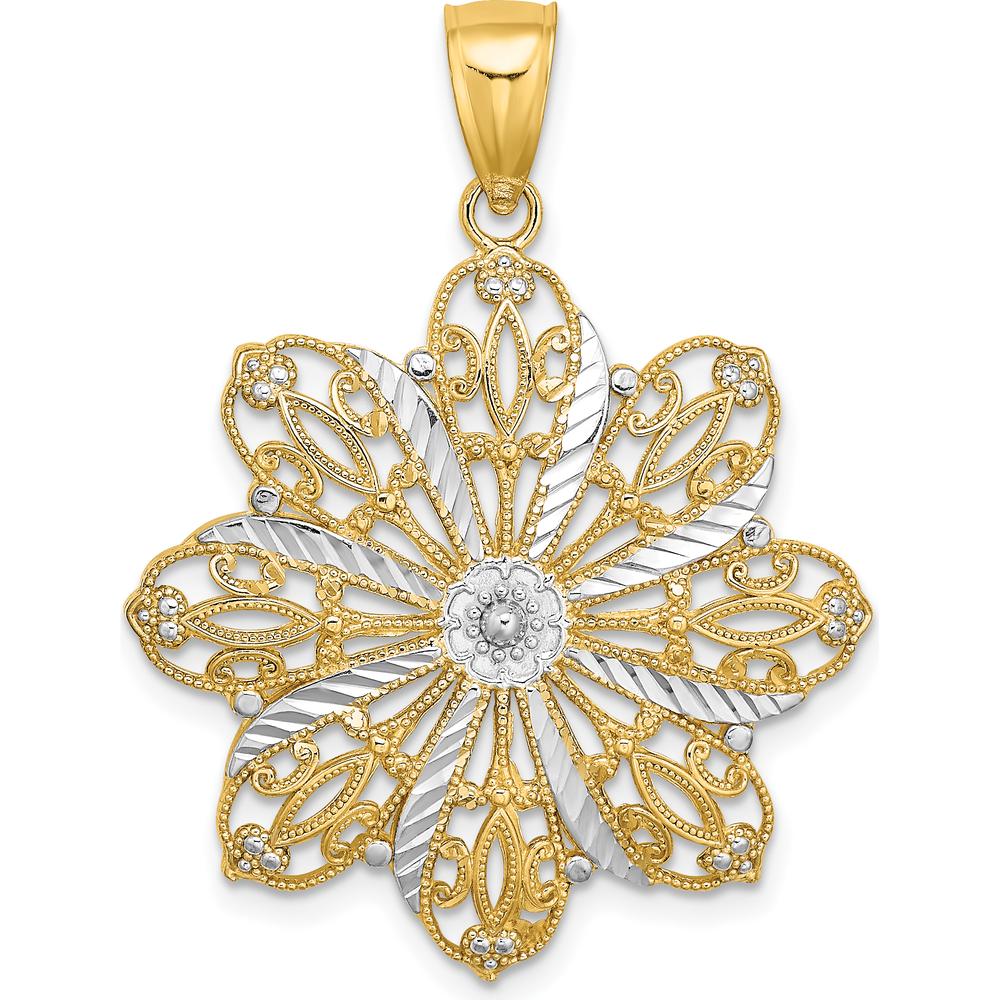 14K Yellow Gold Diamond-Cut Flower Pendant with Rhodium Accents - 32.5mm Length by Oro Pregiato