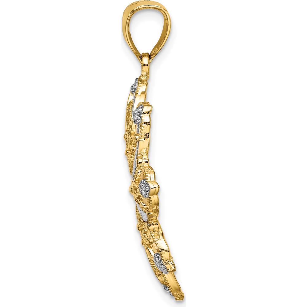 14K Yellow Gold Diamond-Cut Flower Pendant with Rhodium Accents - 32.5mm Length by Oro Pregiato