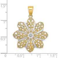 14K Yellow Gold Diamond-Cut Flower Pendant with Rhodium Accents - 32.5mm Length by Oro Pregiato