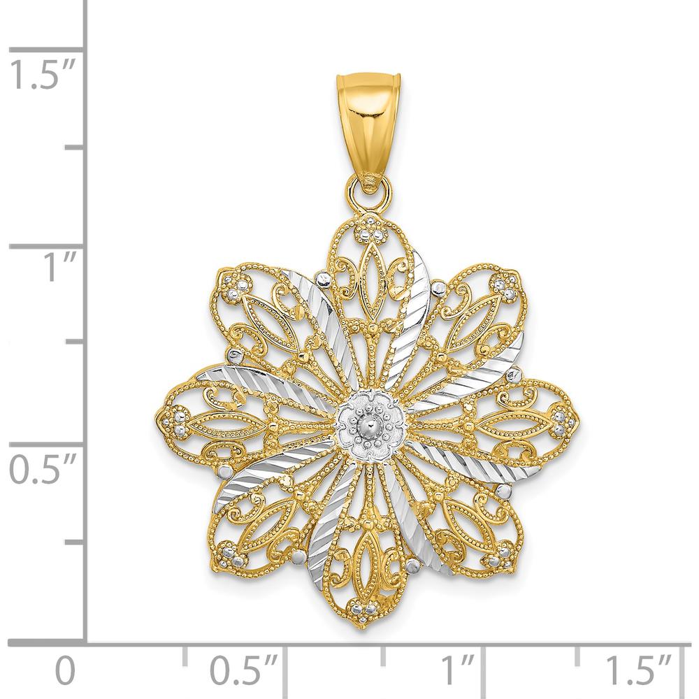 14K Yellow Gold Diamond-Cut Flower Pendant with Rhodium Accents - 32.5mm Length by Oro Pregiato