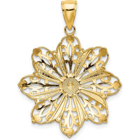 14K Yellow Gold Diamond-Cut Flower Pendant with Rhodium Accents - 32.5mm Length by Oro Pregiato