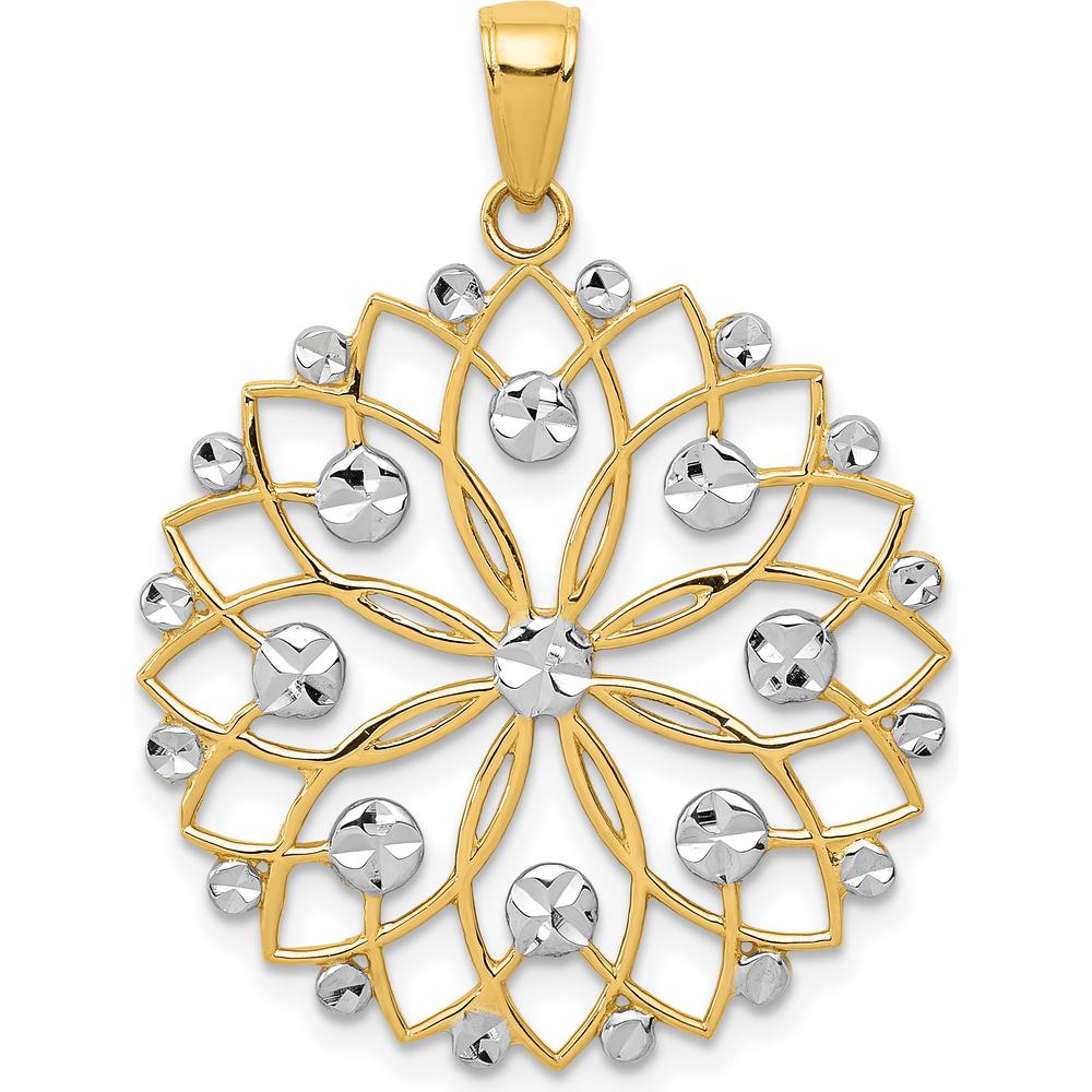 14K Yellow Gold Diamond-Cut Flower Pendant with Rhodium Accents by Oro Pregiato