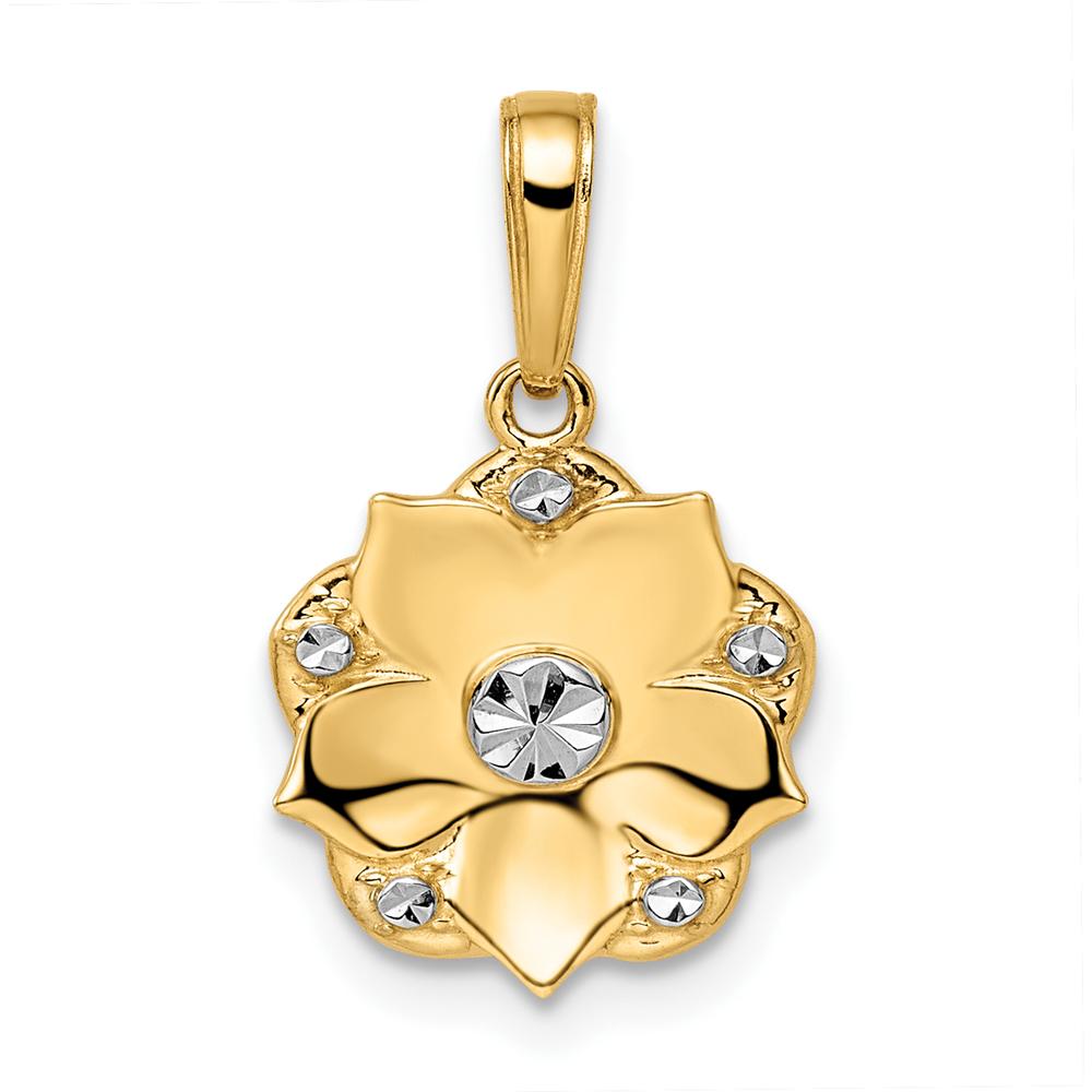 14K Yellow Gold Diamond-Cut Flower Pendant with Rhodium Accents by Oro Pregiato