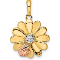 14K Yellow Gold Diamond-Cut Flower Pendant with Rose Gold Ladybug Accent by Oro Pregiato