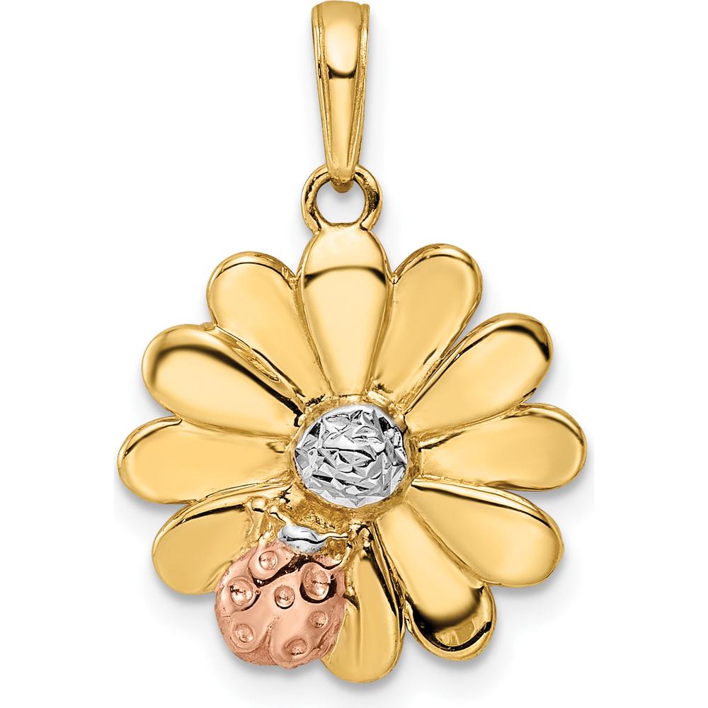 14K Yellow Gold Diamond-Cut Flower Pendant with Rose Gold Ladybug Accent by Oro Pregiato