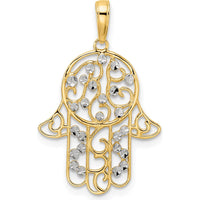 14K Yellow Gold Diamond-Cut Hamsa Hand Pendant with Rhodium-Plated Accents by Oro Pregiato