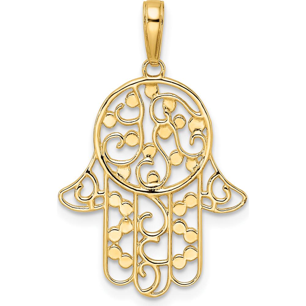 14K Yellow Gold Diamond-Cut Hamsa Hand Pendant with Rhodium-Plated Accents by Oro Pregiato