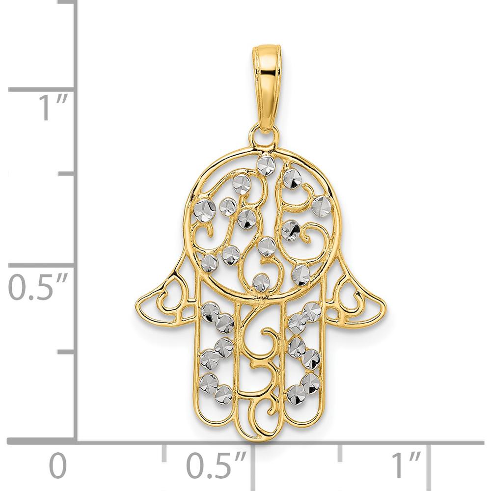 14K Yellow Gold Diamond-Cut Hamsa Hand Pendant with Rhodium-Plated Accents by Oro Pregiato