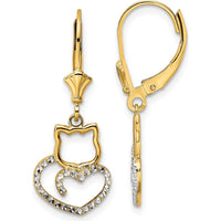 14K Yellow Gold Diamond-Cut Heart & Cat Leverback Earrings with Rhodium Plating - 0.50 Carat Total Diamond Weight by 0