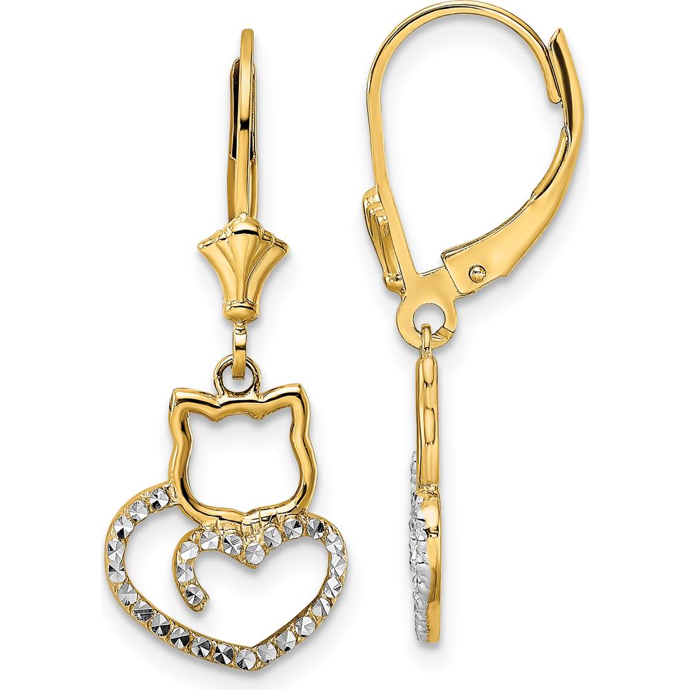 14K Yellow Gold Diamond-Cut Heart & Cat Leverback Earrings with Rhodium Plating - 0.50 Carat Total Diamond Weight by 0