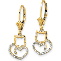 14K Yellow Gold Diamond-Cut Heart & Cat Leverback Earrings with Rhodium Plating - 0.50 Carat Total Diamond Weight by 0