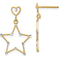 14K Yellow Gold Diamond-Cut Heart and Star Drop Earrings with Rhodium Accents - 26.7mm Length by 0