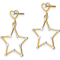 14K Yellow Gold Diamond-Cut Heart and Star Drop Earrings with Rhodium Accents - 26.7mm Length by 0