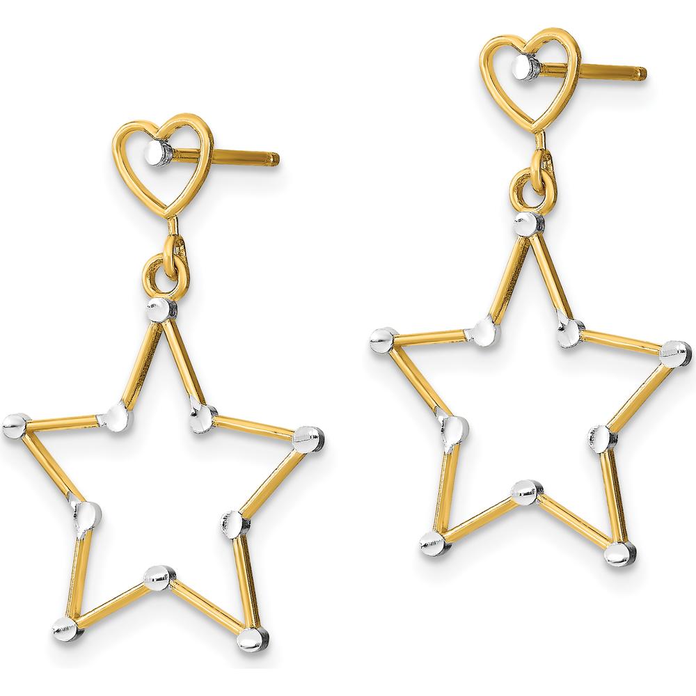 14K Yellow Gold Diamond-Cut Heart and Star Drop Earrings with Rhodium Accents - 26.7mm Length by 0