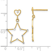 14K Yellow Gold Diamond-Cut Heart and Star Drop Earrings with Rhodium Accents - 26.7mm Length by 0