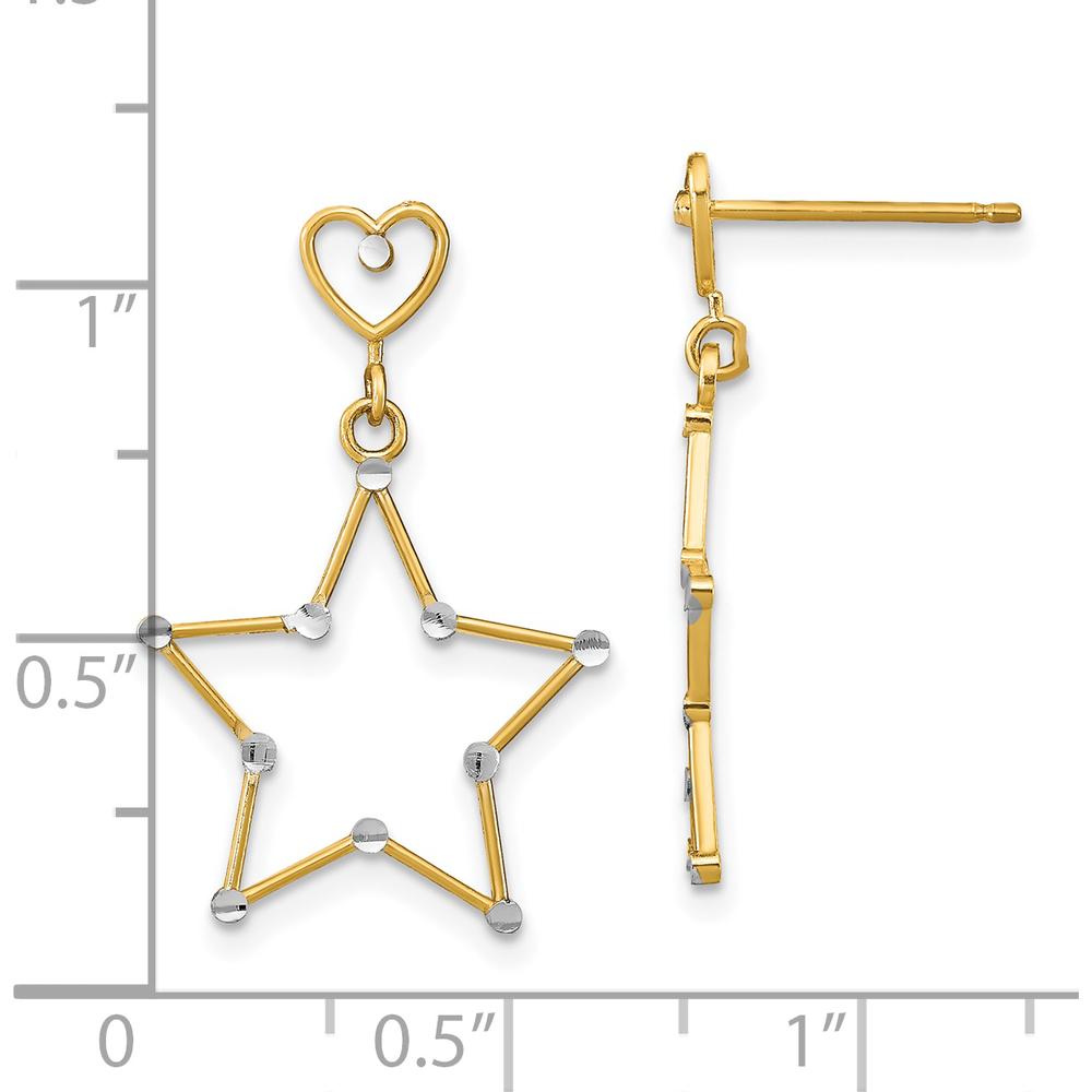 14K Yellow Gold Diamond-Cut Heart and Star Drop Earrings with Rhodium Accents - 26.7mm Length by 0