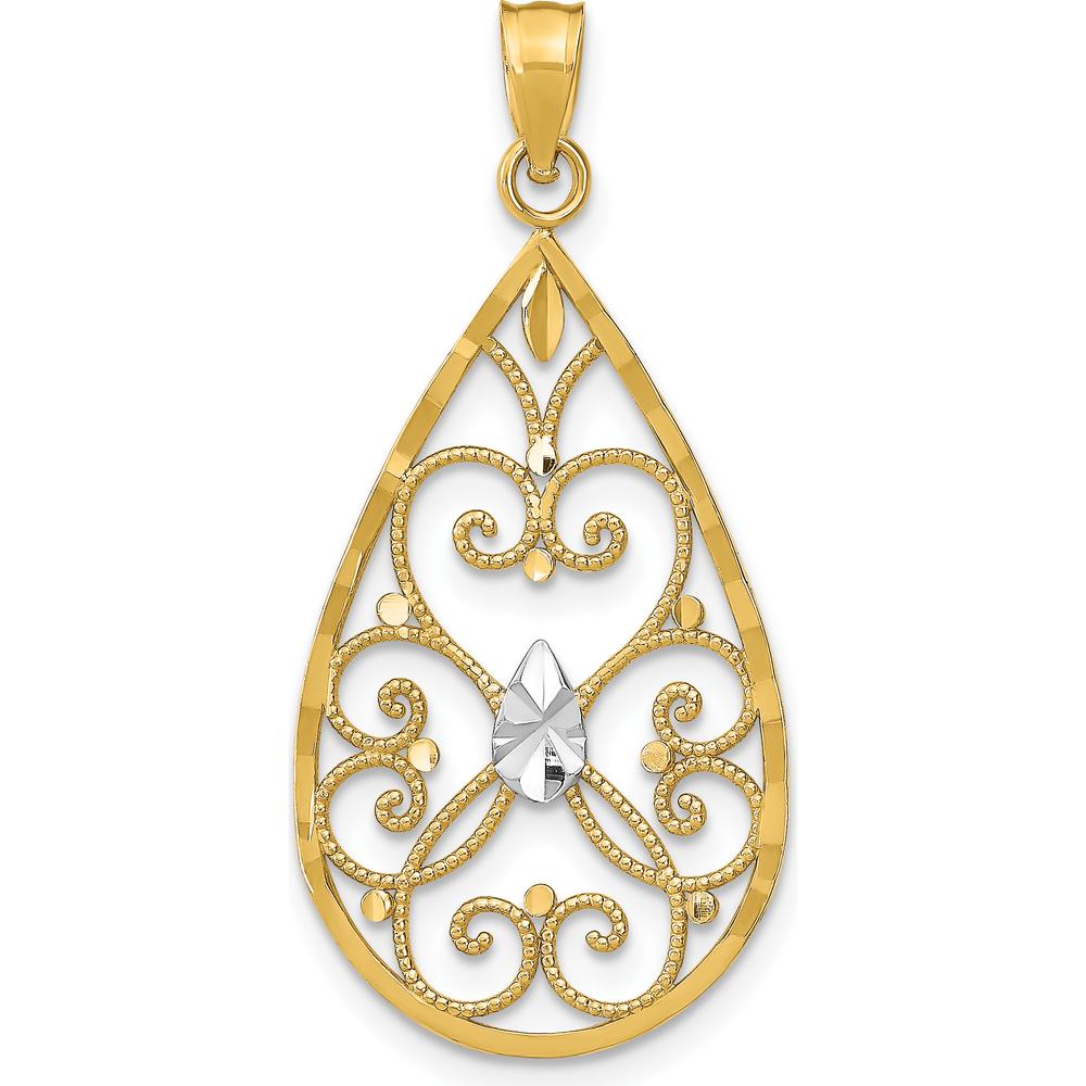 14K Yellow Gold Diamond-Cut Heart Filigree Teardrop Charm with White Rhodium Accents by Oro Pregiato