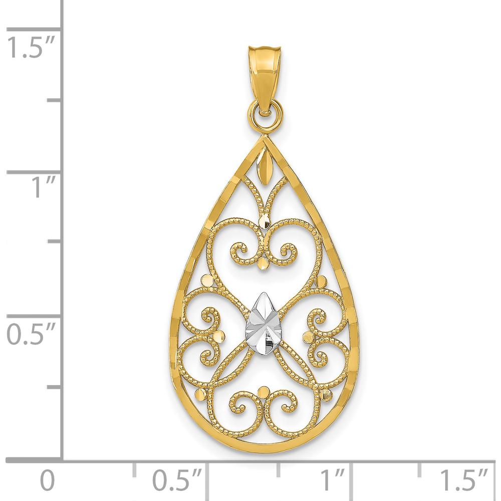 14K Yellow Gold Diamond-Cut Heart Filigree Teardrop Charm with White Rhodium Accents by Oro Pregiato