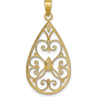 14K Yellow Gold Diamond-Cut Heart Filigree Teardrop Charm with White Rhodium Accents by Oro Pregiato