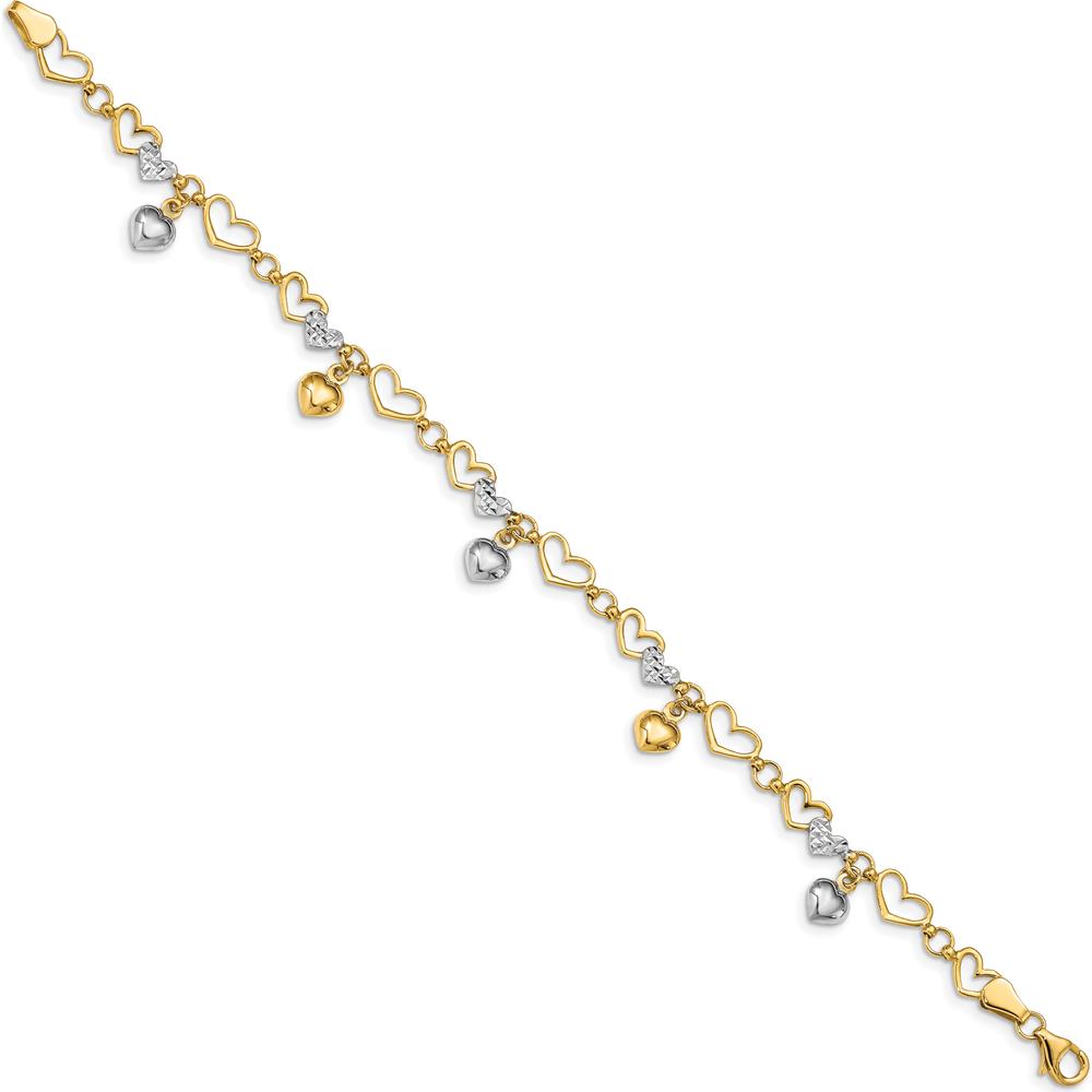 14K Yellow Gold Diamond-Cut Heart Link Bracelet with Rhodium Accents - 7.25" by Oro Pregiato