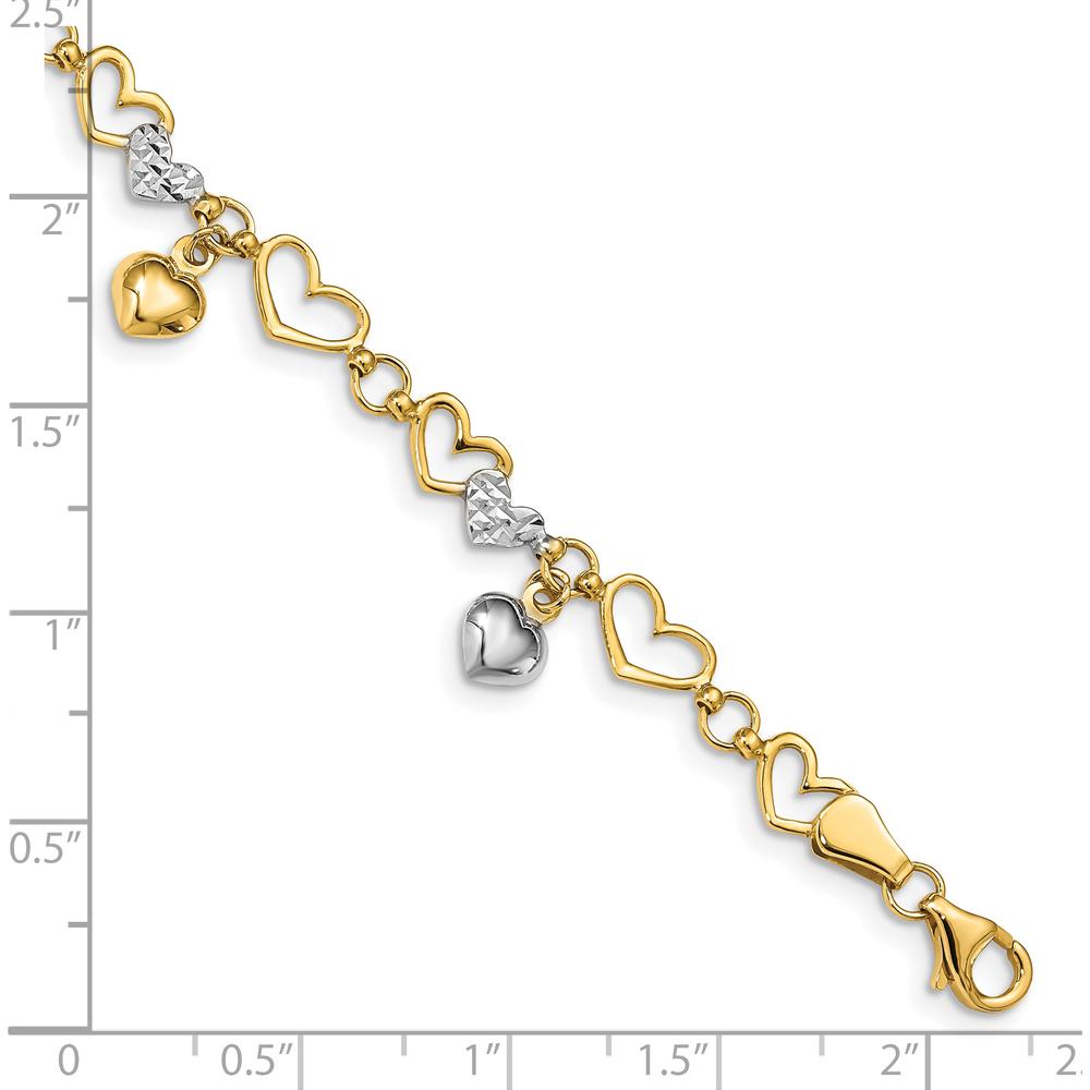 14K Yellow Gold Diamond-Cut Heart Link Bracelet with Rhodium Accents - 7.25" by Oro Pregiato