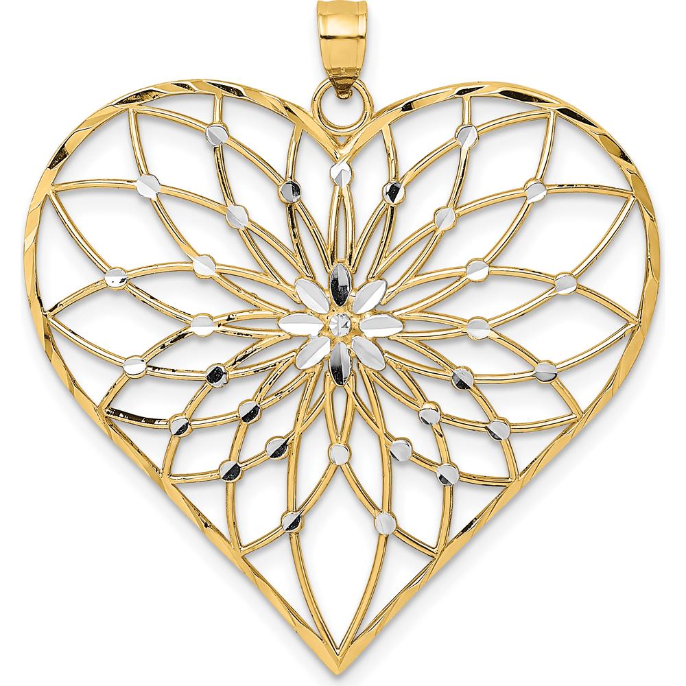 14K Yellow Gold Diamond-Cut Heart Pendant with Rhodium Filigree Design - Elegant and Timeless Piece by Oro Pregiato