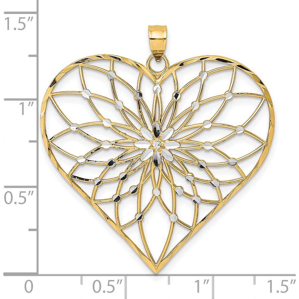 14K Yellow Gold Diamond-Cut Heart Pendant with Rhodium Filigree Design - Elegant and Timeless Piece by Oro Pregiato