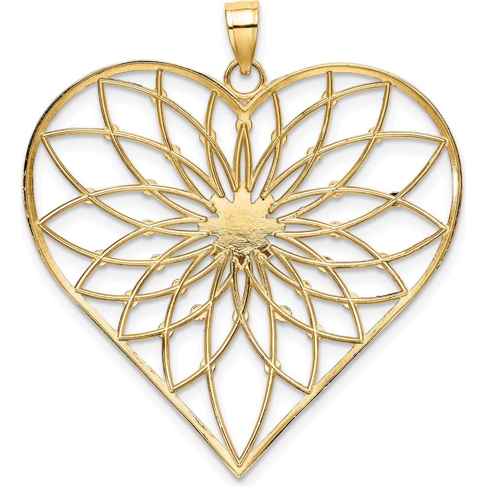 14K Yellow Gold Diamond-Cut Heart Pendant with Rhodium Filigree Design - Elegant and Timeless Piece by Oro Pregiato
