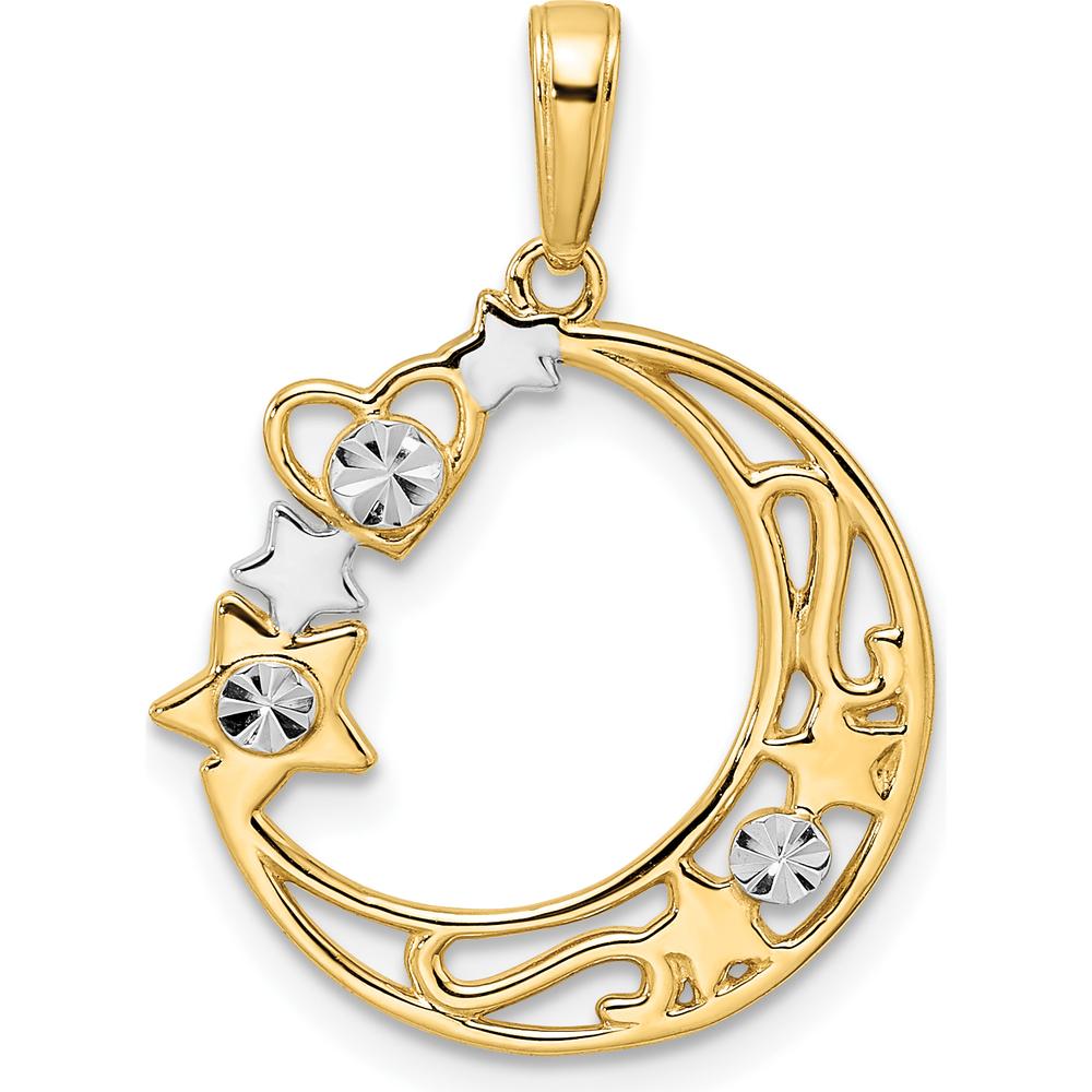 14K Yellow Gold Diamond-Cut Heart, Star, and Moon Pendant with White Rhodium Accents by Oro Pregiato
