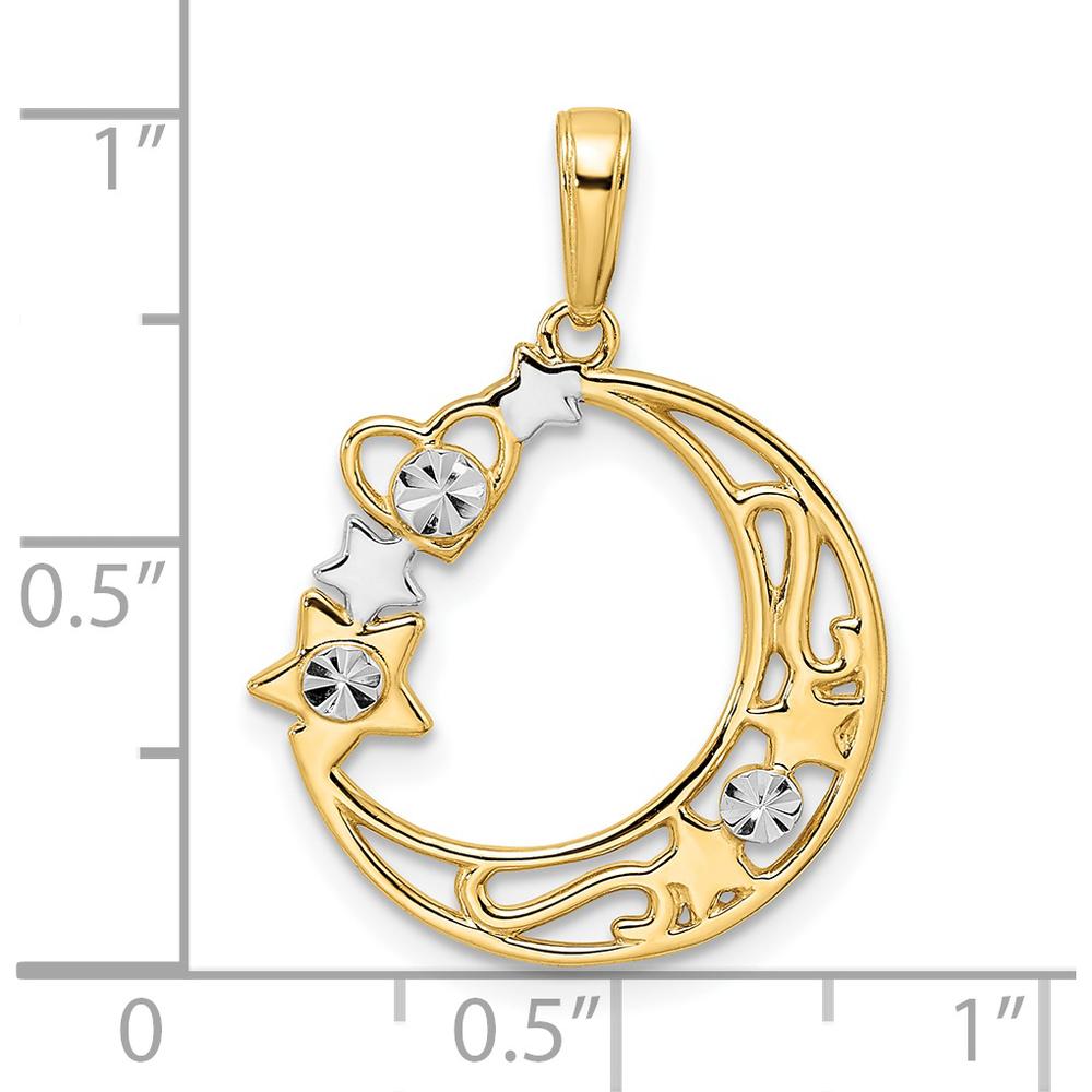 14K Yellow Gold Diamond-Cut Heart, Star, and Moon Pendant with White Rhodium Accents by Oro Pregiato