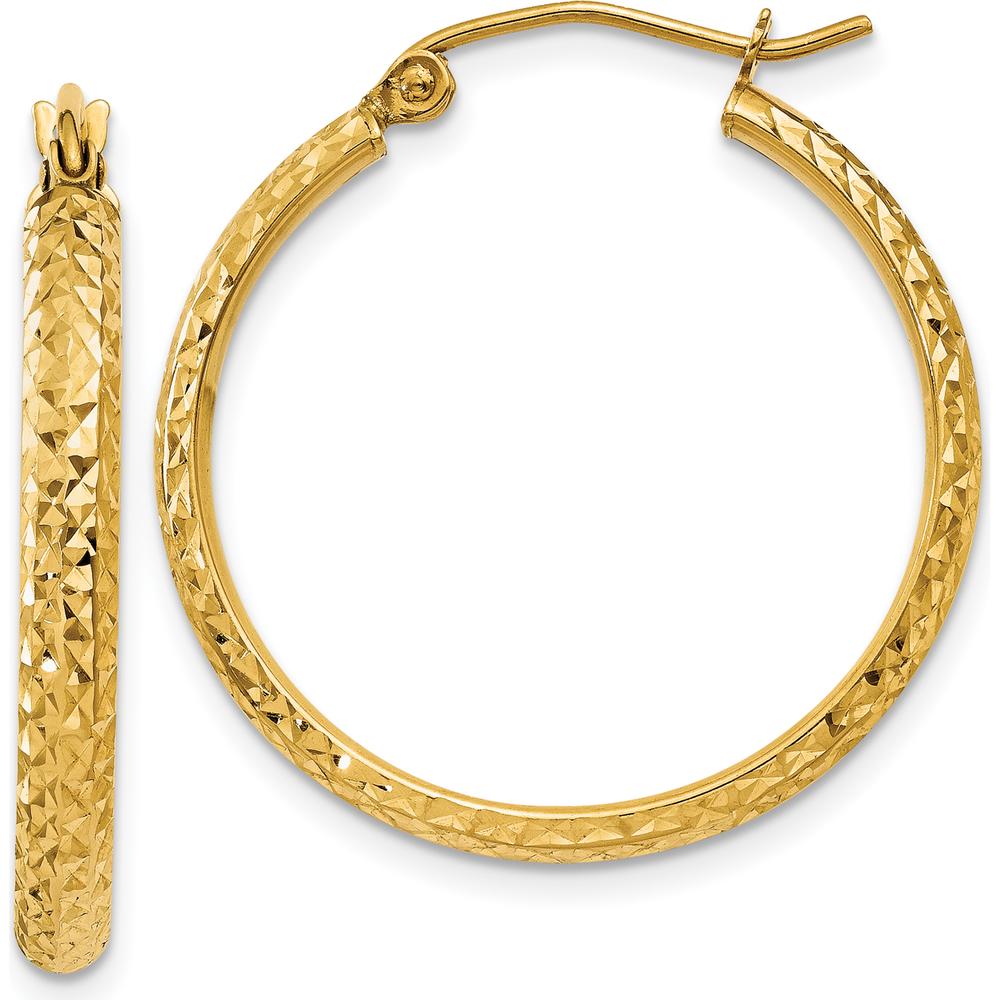 14K Yellow Gold Diamond-cut Hollow Hoop Earrings - 25mm Length, 2.8mm Thickness by 0