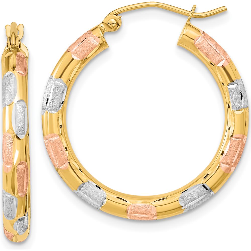14K Yellow Gold Diamond-Cut Hoop Earrings with Rhodium Accents - 26.62mm Length, 24.86mm Width by 0