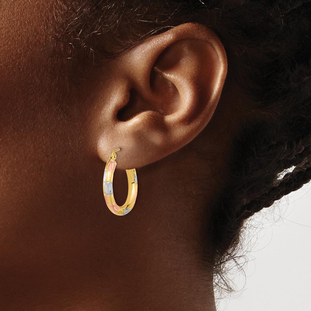 14K Yellow Gold Diamond-Cut Hoop Earrings with Rhodium Accents by 0