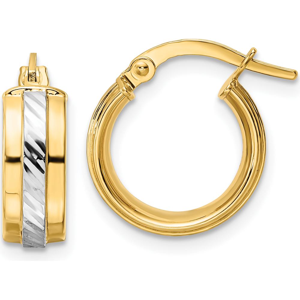 14K Yellow Gold Diamond-Cut Hoop Earrings with Rhodium Plating - Elegant, Timeless Style by Oro Pregiato